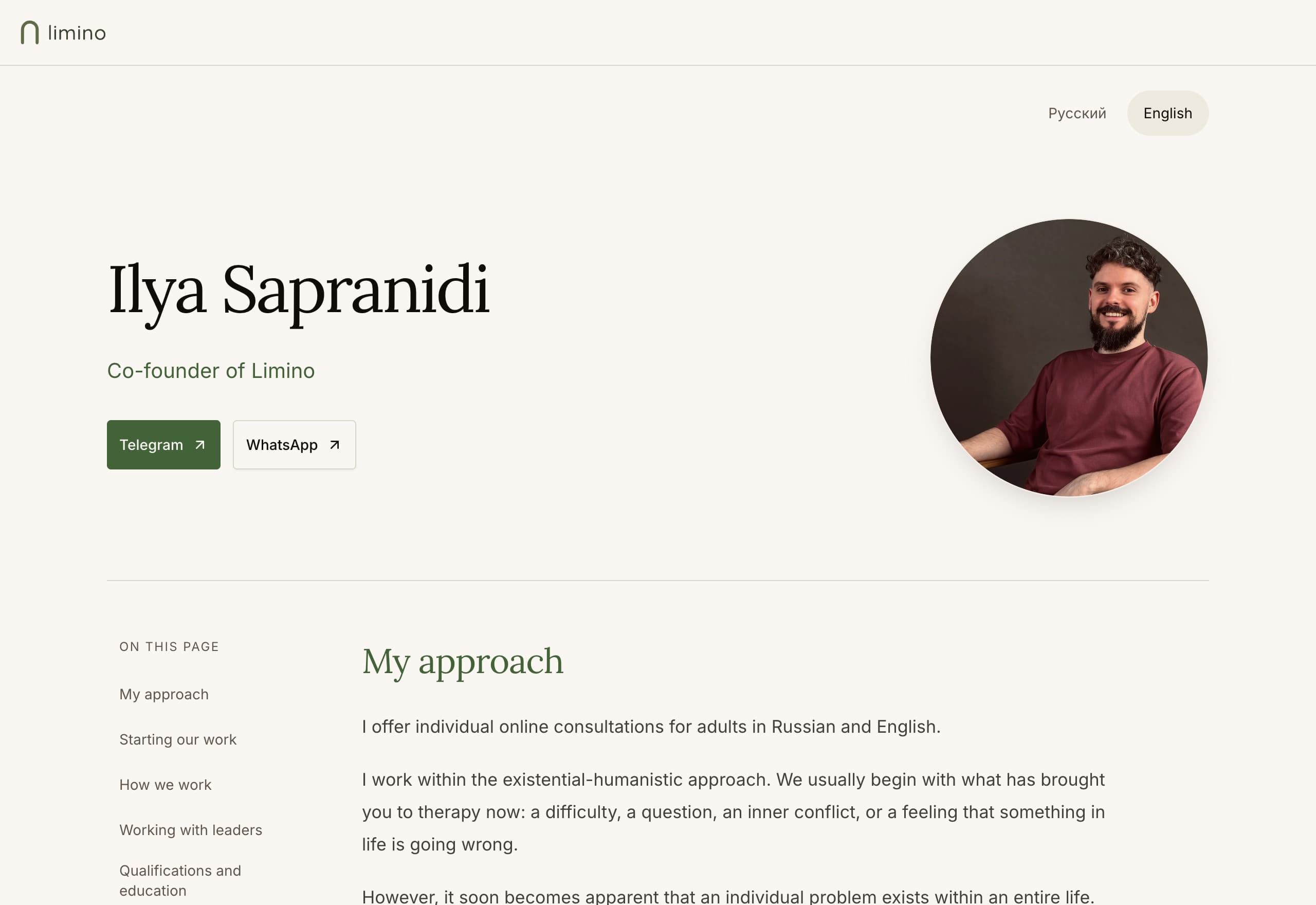 Ilya Sapranidi’s example page on Limino on desktop