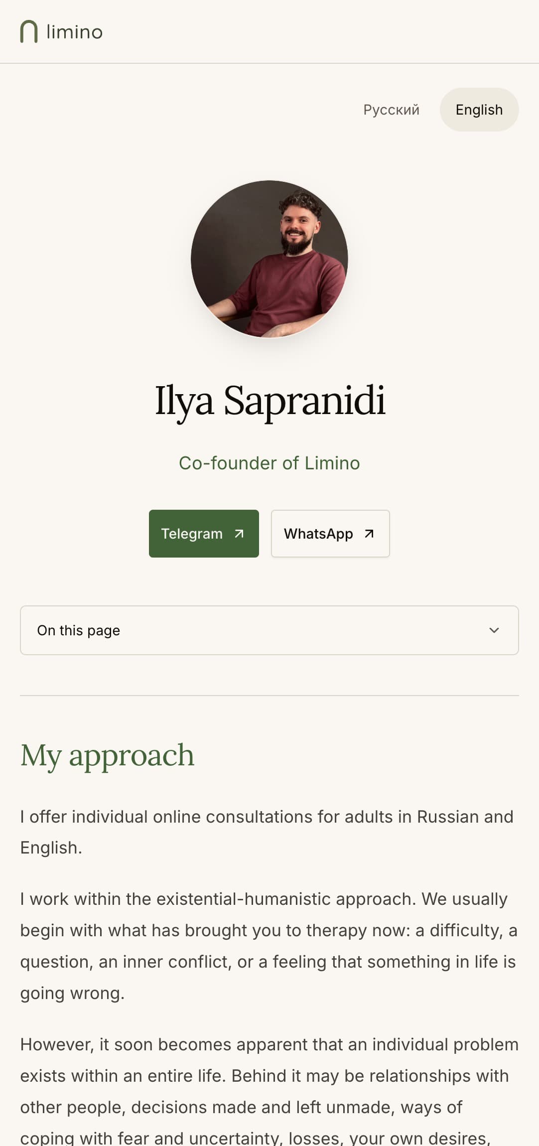 Ilya Sapranidi’s example page on Limino, with a photo and contact buttons
