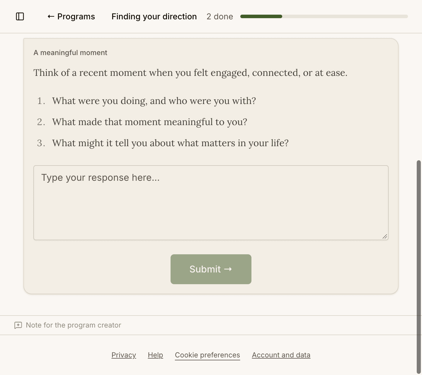 A writing exercise in an example Limino program, with a response field and progress bar